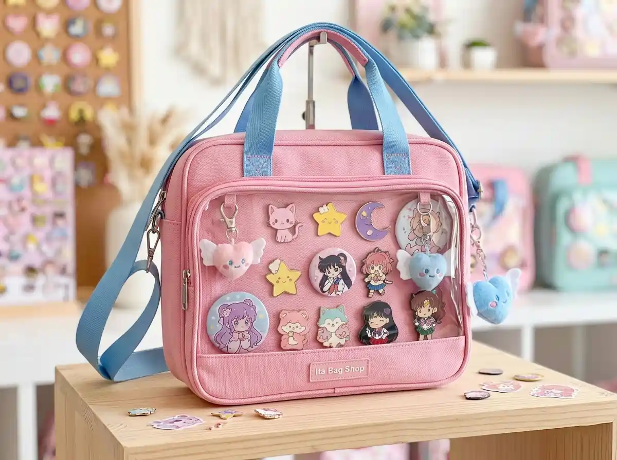 Premium ita bag with large transparent clear window for pin display in pink and blue